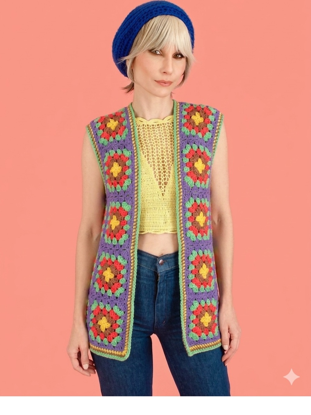 Vintage Colorful Crochet Granny Square Long Vest M/L